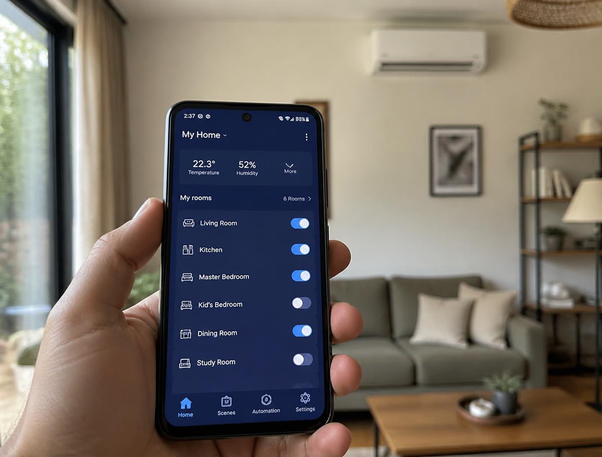 Smartphone che mostra l'app di controllo con le stanze della casa e gli interruttori attivi