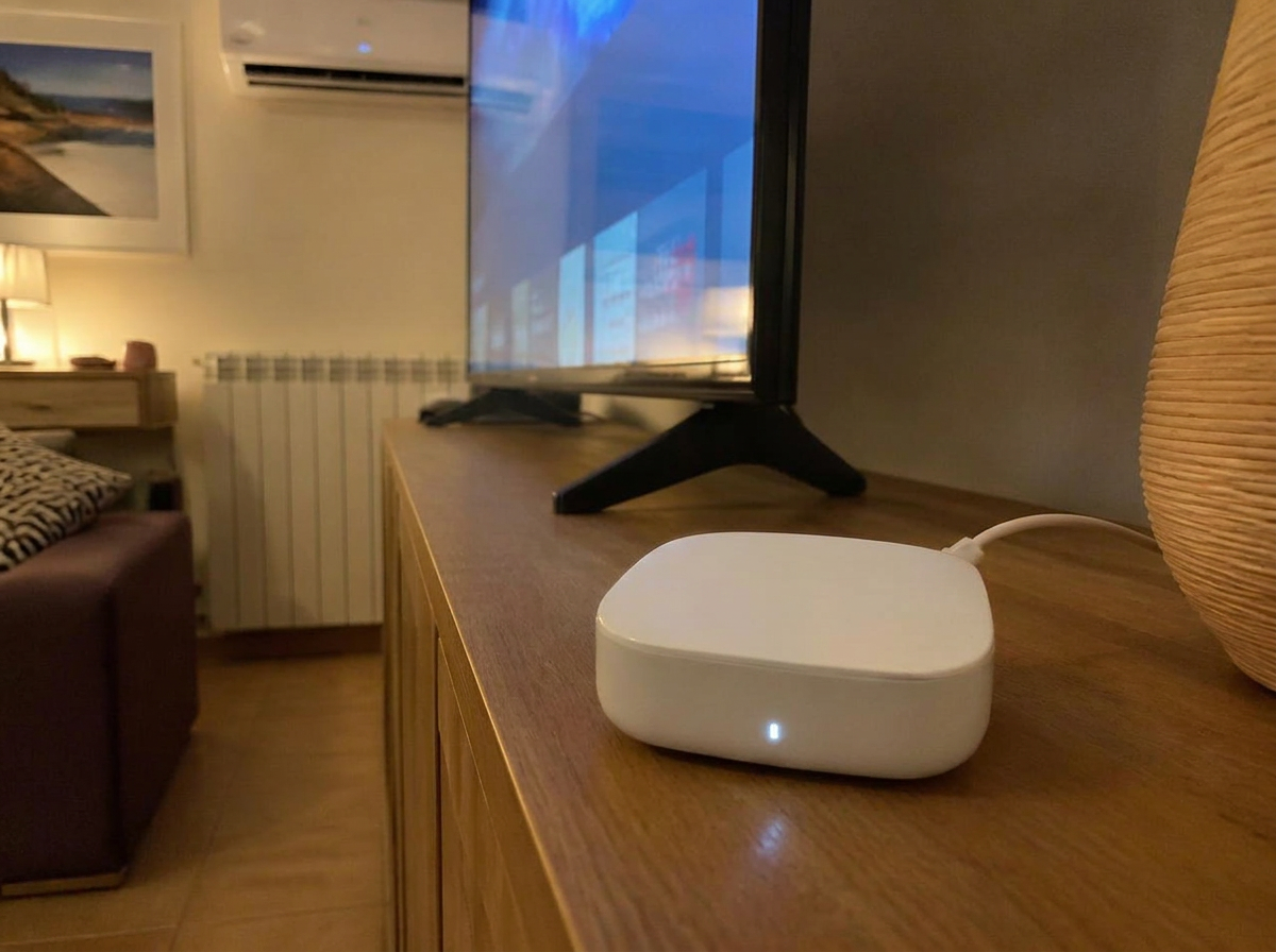 Il cubetto bianco HomeNETIX appoggiato sul mobile del salotto, davanti alla TV, con il condizionatore sullo sfondo